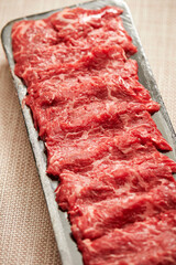 Thinly sliced fresh raw meat in packaging