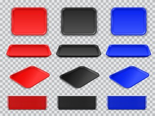 Food plastic tray mockup, red, grey and blue rectangle lunch salver. Vector school or restaurant empty tray isolated top and front view. Realistic 3d object, kitchen platters set