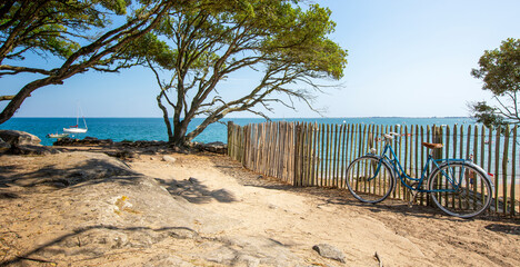 Île de Noirmoutier en Vendée, vieux vélo bleu le long des plages en France.