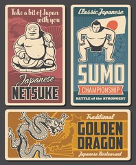 Japan netsuke, sumo tournament and restaurant retro poster. Hotei Buddha statue, sumo wrestler and japanese dragon vector. Japan culture, national sport and cuisine tourist attractions vintage banners - obrazy, fototapety, plakaty