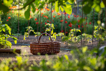 Panier en osier pour la récolte des légumes au milieu d'un jardin potager au printemps.