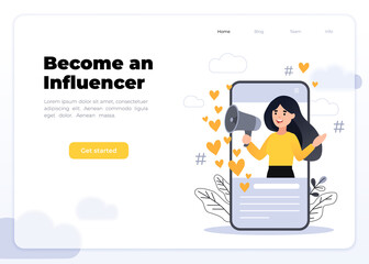 Flat vector style illustration with characters - influencer marketing concept - blogger promotion services, goods for followers online. Social media influencer shouting in megaphone from smartphone.