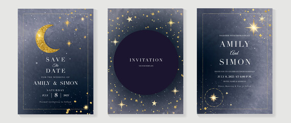 Star and moon themed wedding invitation vector template collection. Gold and luxury save the dated card with watercolor and gold sparkles and brush texture. Starry night cover design background.