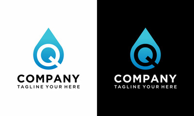 Letter Q water drop logo. Blue aqua logo design vector template. on a black and white background.
