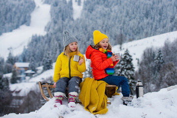 Happy little boy and girl sledding in winter. Kids sibling riding on snow slides in winter. Son and daughter enjoy a sleigh ride.
