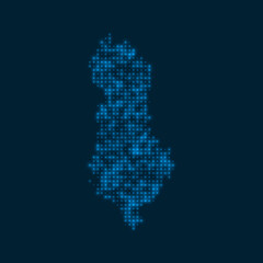 Albania dotted glowing map. Shape of the country with blue bright bulbs. Vector illustration.