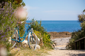 Fototapeta premium Vieux vélo bleu au bord de la mer sur le littoral breton, Bretagne, France.