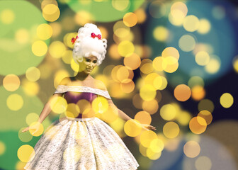 3D Woman in ball gown with rococo wig over bokeh