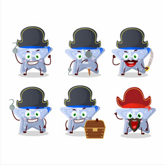 Cartoon character of star blue gummy candy E with various pirates emoticons