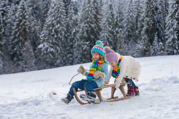 Fototapeta na wymiar Boy and girl sledding in a snowy forest. Outdoor winter kids fun for Christmas and New Year. Children enjoying a sleigh ride. Cold and snowy winter mountains.