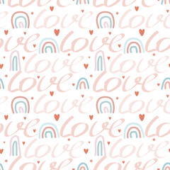Valentine's Day romantic background with love word and cute hearts and boho rainbows.