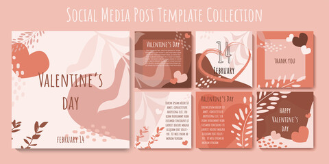 Social media post template love collection. Valentine's Day banner design in pastel pink colors. Set of square trendy templates perfect for greeting cards, story, web internet ads. Vector illustration - obrazy, fototapety, plakaty