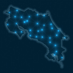 Costa Rica network map. Abstract geometric map of the country. Digital connections and telecommunication design. Glowing internet network. Trendy vector illustration.