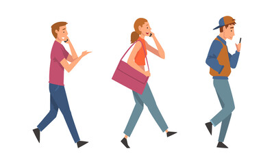 People Character Walking and Speaking by Smartphone or Chatting Vector Set