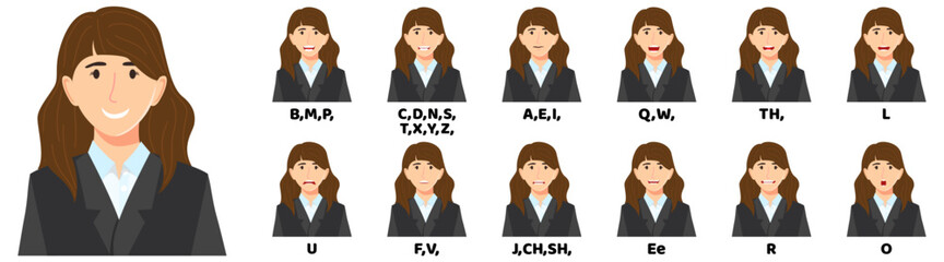 Modern cute businesswoman cartoon character talking mouth and lips expressions vector animations poses mouth talk animation movement practice English say disassembled separated letter isolated