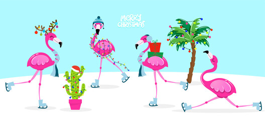 Merry Christmas! - Calligraphy phrase  with cute flamingos. Hand drawn lettering for Xmas greetings cards, invitations. Good for t-shirt, mug, scrap booking, gift.