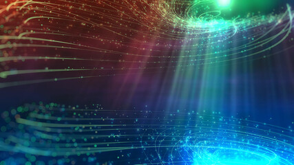 Two spirals similar to starry galaxies on a blue background with a light source in the upper right corner