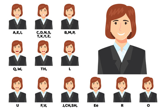 Modern beautiful businesswoman cartoon character talking mouth and lips expressions vector animations poses mouth talk animation movement practice English say disassembled separated letter