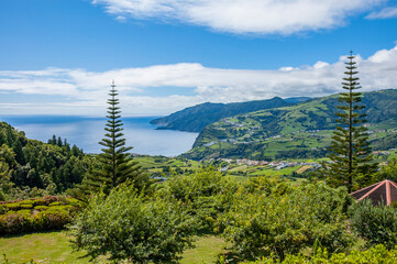View from Miradouro Por do Sol to Faial da Terra, Sao Miguel, Azores, Portugal
