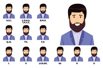 Modern cute businessman cartoon character talking mouth and lips expressions vector animations poses mouth talk animation movement practice English say disassembled separated letter