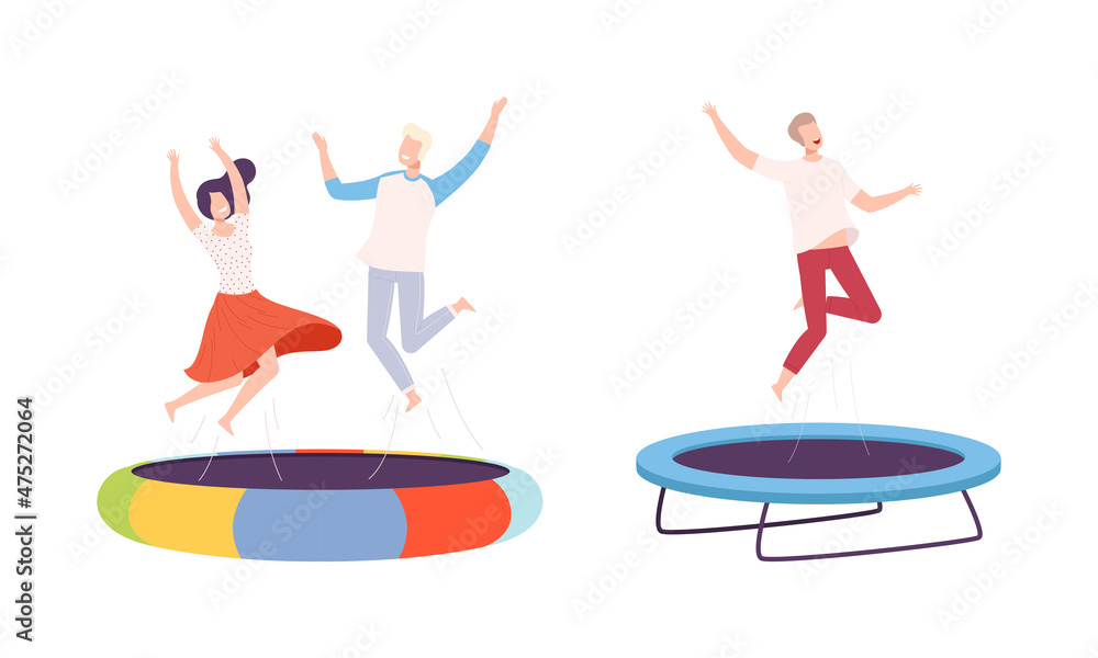 Poster cheerful people character jumping and bouncing on trampoline having fun vector set