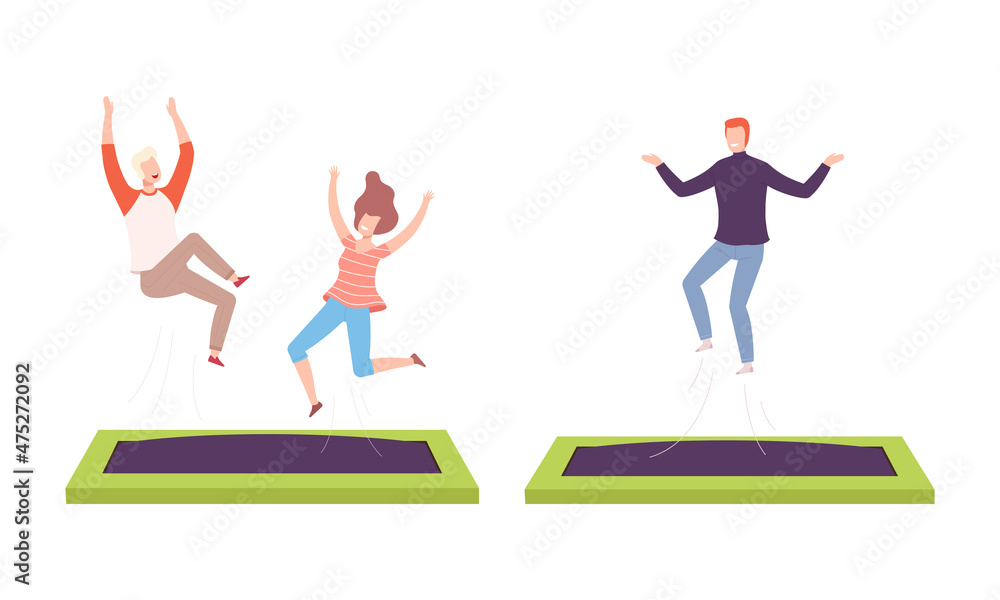 Poster cheerful people character jumping and bouncing on trampoline having fun vector set
