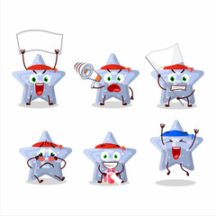 Mascot design style of star blue gummy candy E character as an attractive supporter