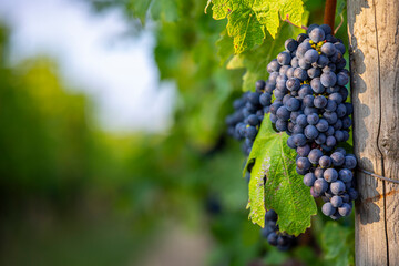 Grappe de raisin noir de type Gamay dans les vignes avant les vendanges.