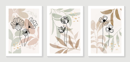 Botanical wall art vector set. Water color boho foliage line art drawing with  abstract shape.  Abstract Plant Art design for print, cover, wallpaper, Minimal and  natural wall art. © TWINS DESIGN STUDIO