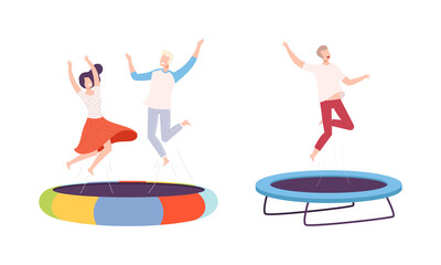 Cheerful People Character Jumping and Bouncing on Trampoline Having Fun Vector Set