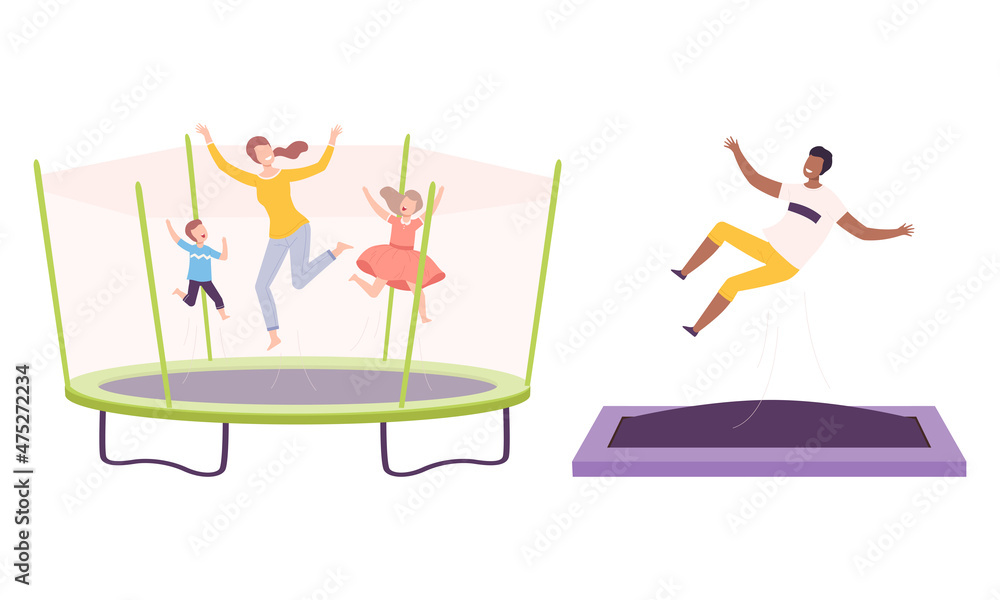 Poster cheerful people character jumping and bouncing on trampoline having fun vector set