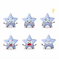 Cartoon character of star blue gummy candy E with what expression