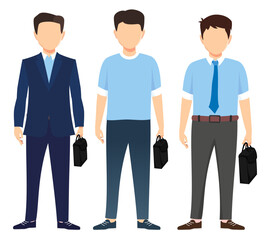 Fototapeta premium Businessman face less characters set team standing together and posing isolated on white background holding bag