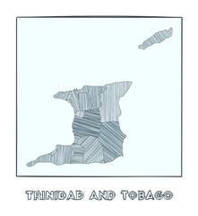 Sketch map of Trinidad and Tobago. Grayscale hand drawn map of the country. Filled regions with hachure stripes. Vector illustration.
