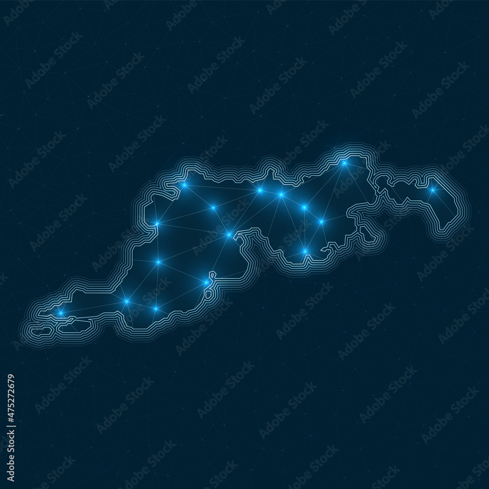 Poster tortola network map. abstract geometric map of the island. digital connections and telecommunication
