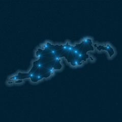 Tortola network map. Abstract geometric map of the island. Digital connections and telecommunication design. Glowing internet network. Neat vector illustration.