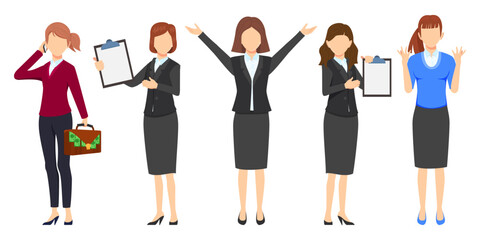 Fototapeta premium Businesswoman face less character set team standing together and posing isolated holding bag with money and clipboard and waving