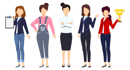 Businesswoman face less character set team standing together and posing isolated holding clipboard
