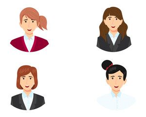 Businesswoman character avatar set with different business outfit isolated on white background with round shape