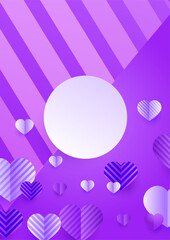 Valentine's day universal soft pastel purple love heart poster background. Valentine Circle bright Purple Papercut style Love card design background