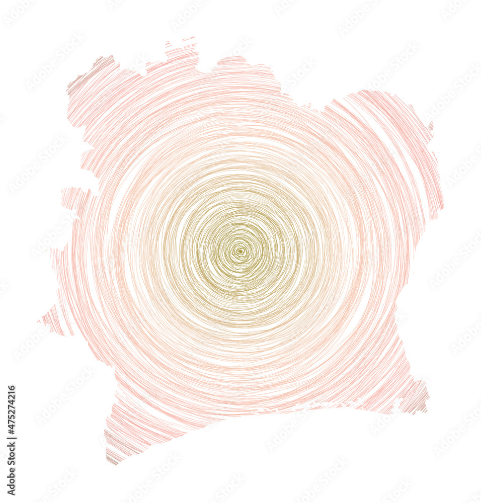 Poster ivory coast map filled with concentric circles. sketch style circles in shape of the country. vector