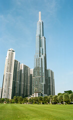 Time: Saturday morning, December 11, 2021. Location: Ho Chi Minh city.  Landscape photo film: Landmark 81 tower. This is a modern architecture, a symbol of economic development