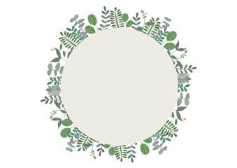 ボタニカルフレーム　さまざまなグリーンで縁取った丸いフレーム　水彩風ベクターイラスト