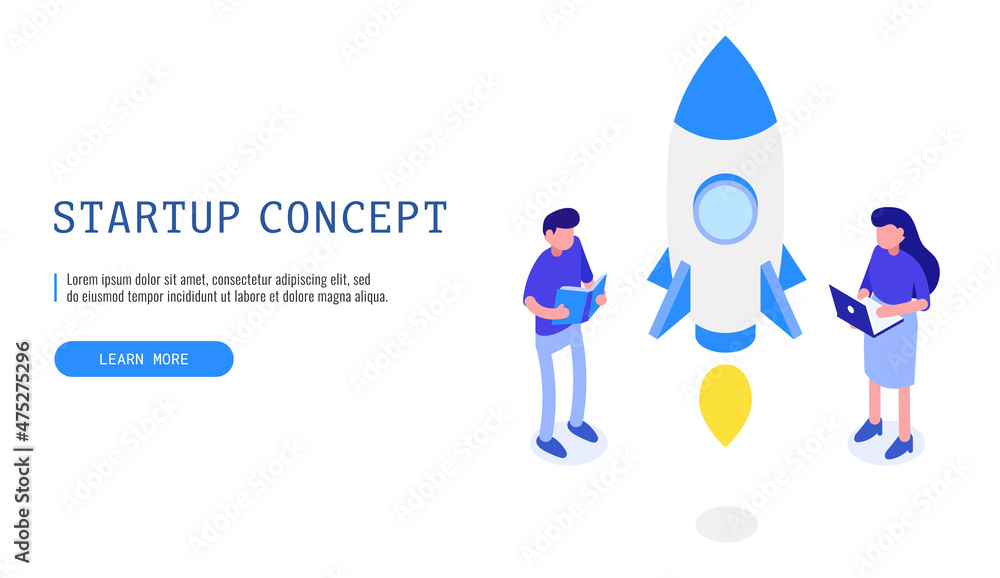 Poster team stands near the launch of the rocket. concept of startup project. isometric vector web banner.