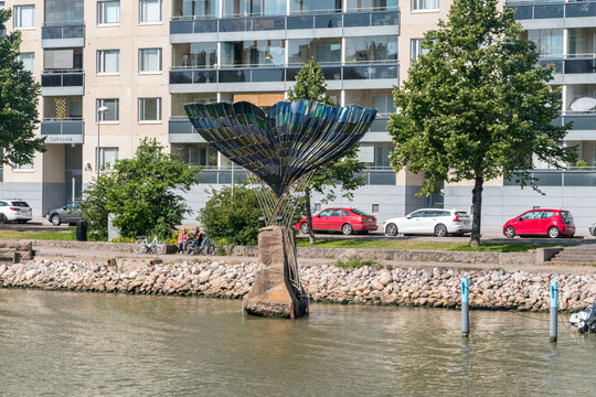 Turku, Finland - August 6, 2021: Harmonia fountain sculpture by Achim Kuhn.