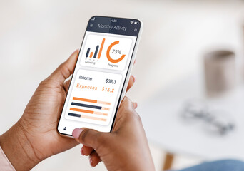 Black woman playing on trading stocks and markets, copy space