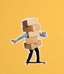 Contemporary art collage of man with many cardboard boxes riding on skateboard isolated over yellow...