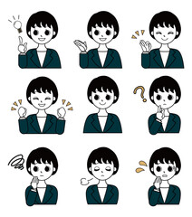 色々な表情やポーズをとるスーツを着た女性会社員のイラスト素材セット