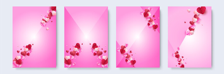 Valentine's day concept posters set. Vector illustration. 3d red and pink paper hearts with frame on geometric background. Cute love sale banners or greeting cards