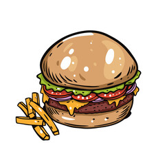 Burger with french fries. Hand drawn colorful vintage cartoon style.